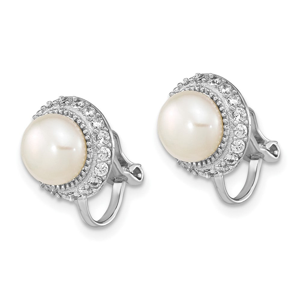 Sterling Silver Rhodium-Plated 7-8mm Button Fwc Pearl Non-Pierced Earrings