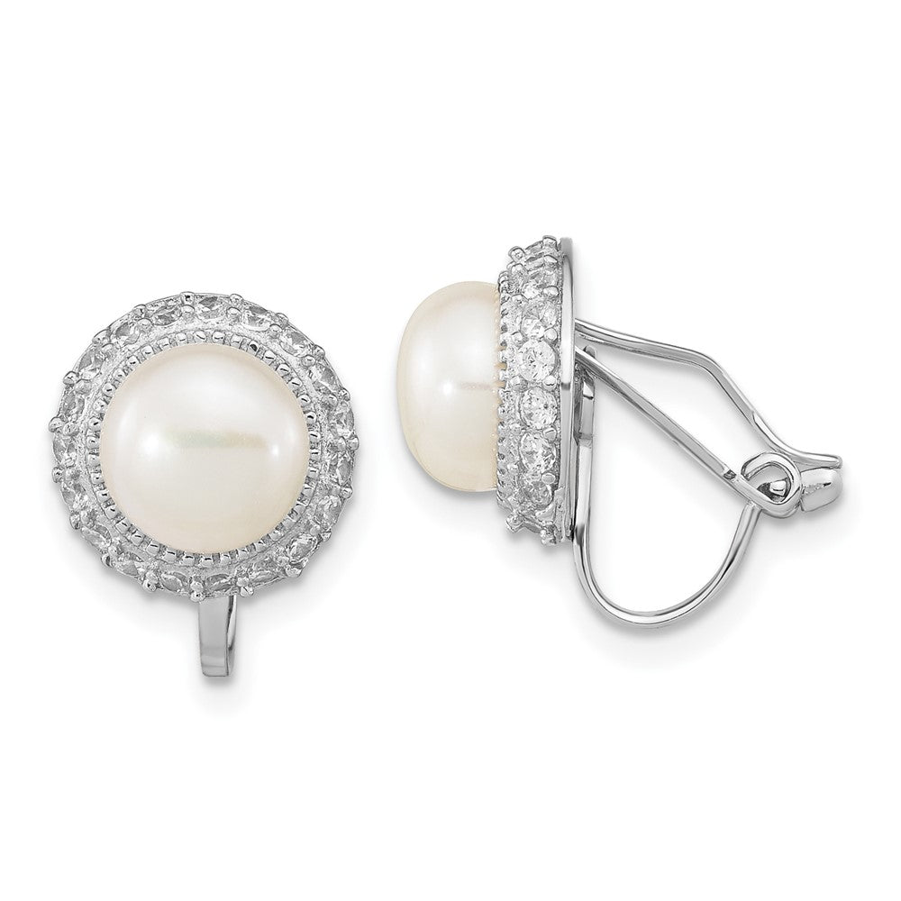 Sterling Silver Rhodium-Plated 7-8mm Button Fwc Pearl Non-Pierced Earrings