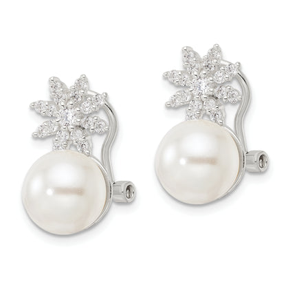 Sterling Silver Imitation Shell Pearl And Cz Floral Omega Back Earrings