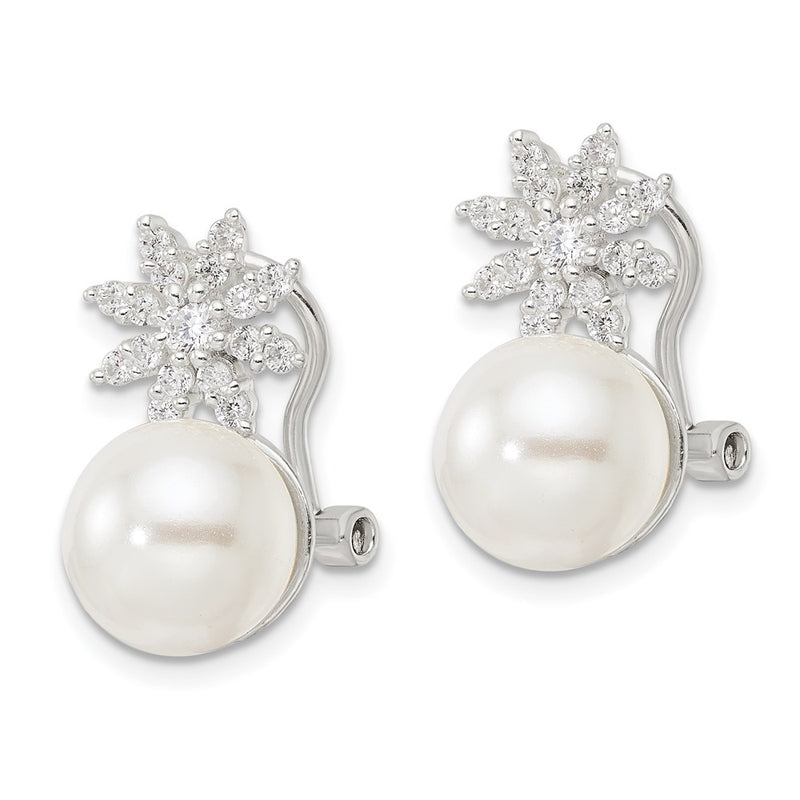 Sterling Silver Imitation Shell Pearl And Cz Floral Omega Back Earrings