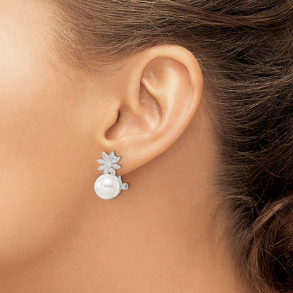 Sterling Silver Imitation Shell Pearl And Cz Floral Omega Back Earrings