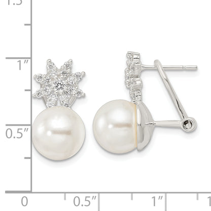 Sterling Silver Imitation Shell Pearl And Cz Floral Omega Back Earrings