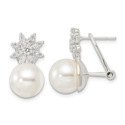 Sterling Silver Imitation Shell Pearl And Cz Floral Omega Back Earrings