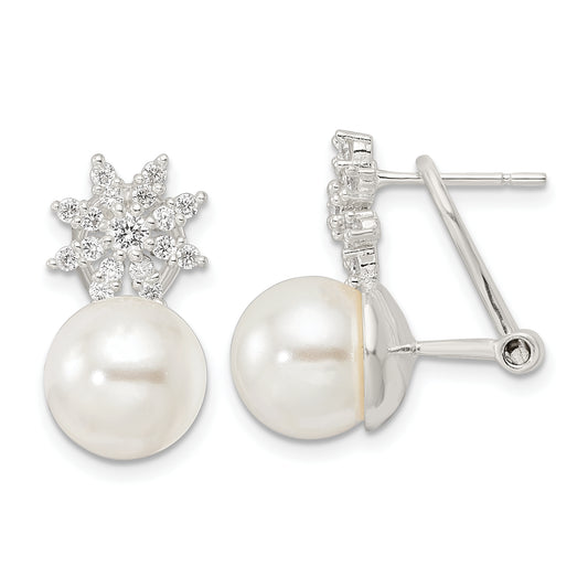 Sterling Silver Imitation Shell Pearl And Cz Floral Omega Back Earrings