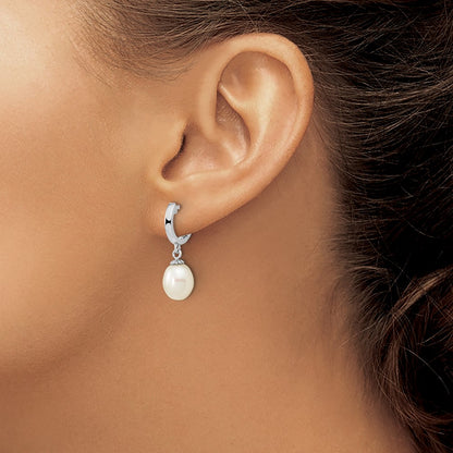 Sterling Silver Rhodium-Plated 8-9mm White Teardrop Fwc Pearl Earrings