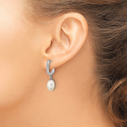 Sterling Silver Rhod-Plated Cz 7 To 8mm Rice Fwc Pearl Hoop Dangle Earring