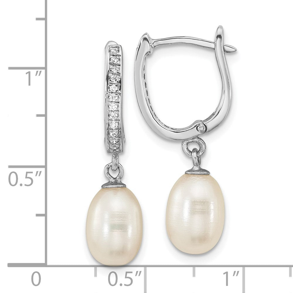 Sterling Silver Rhod-Plated Cz 7 To 8mm Rice Fwc Pearl Hoop Dangle Earring