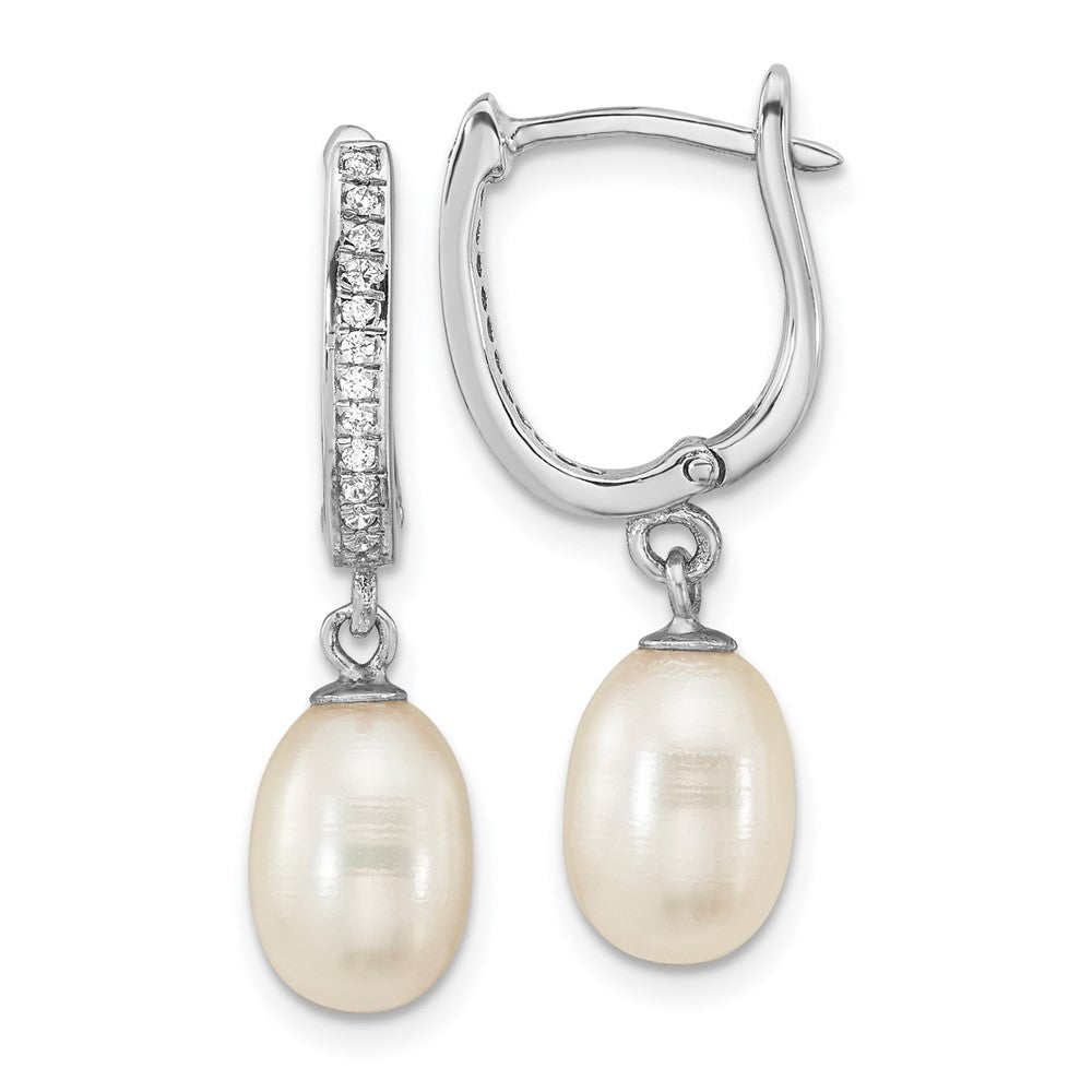 Sterling Silver Rhod-Plated Cz 7 To 8mm Rice Fwc Pearl Hoop Dangle Earring