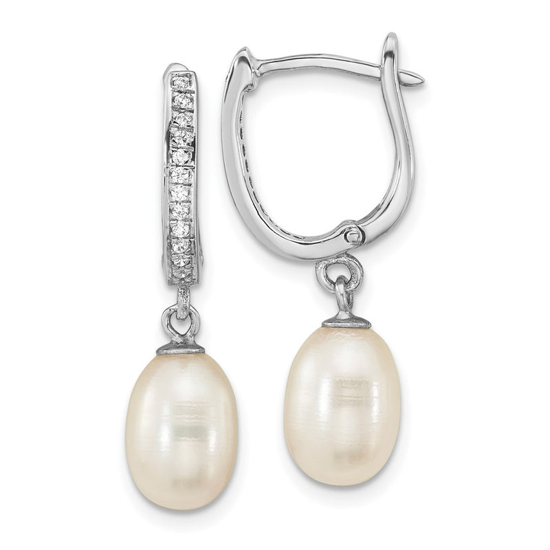 Sterling Silver Rhod-Plated Cz 7 To 8mm Rice Fwc Pearl Hoop Dangle Earring