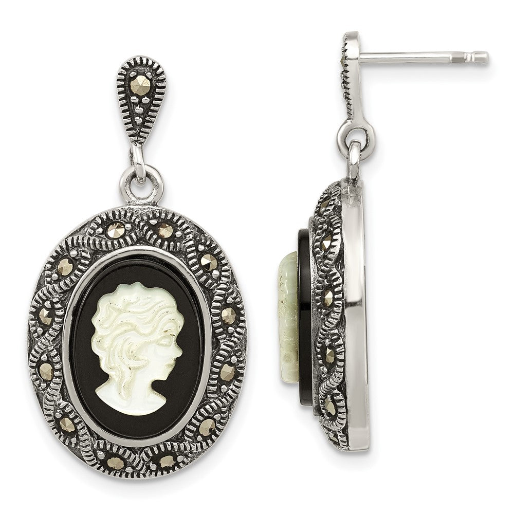 Sterling Silver Antiqued Black Agate Marcasite & Mop Cameo Post Dangle Earr