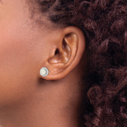 Sterling Silver Rh-Pltd Polished Created Opal/Cz Round Halo Post Earrings
