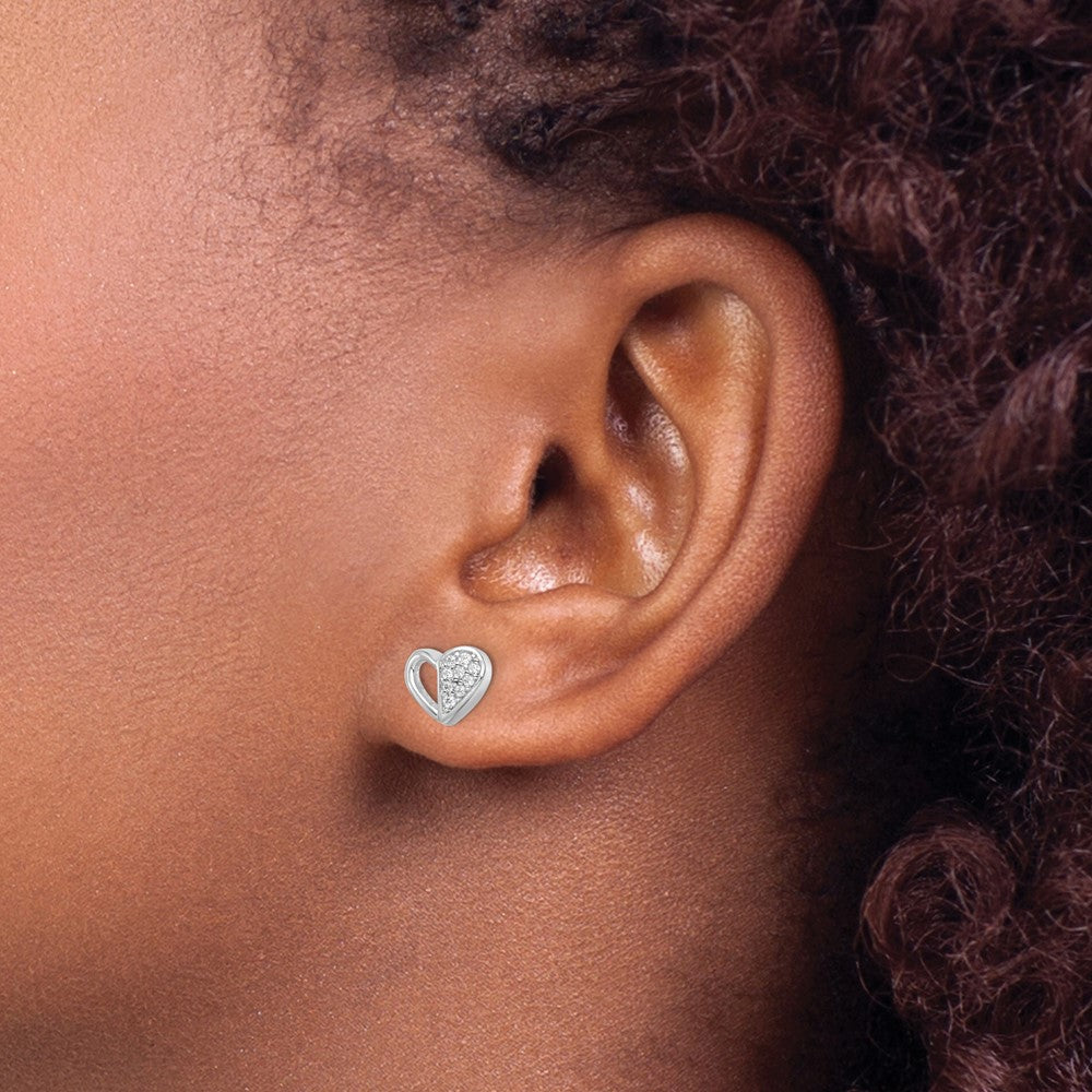 Sterling Silver Rhodium-Plated Cz Heart Post Earrings
