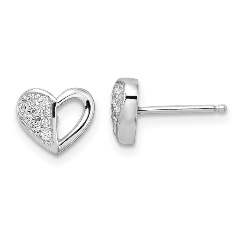 Sterling Silver Rhodium-Plated Cz Heart Post Earrings