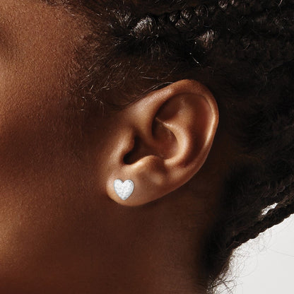 Sterling Silver Rhodium-Plated Polished Hammered Heart Post Earrings