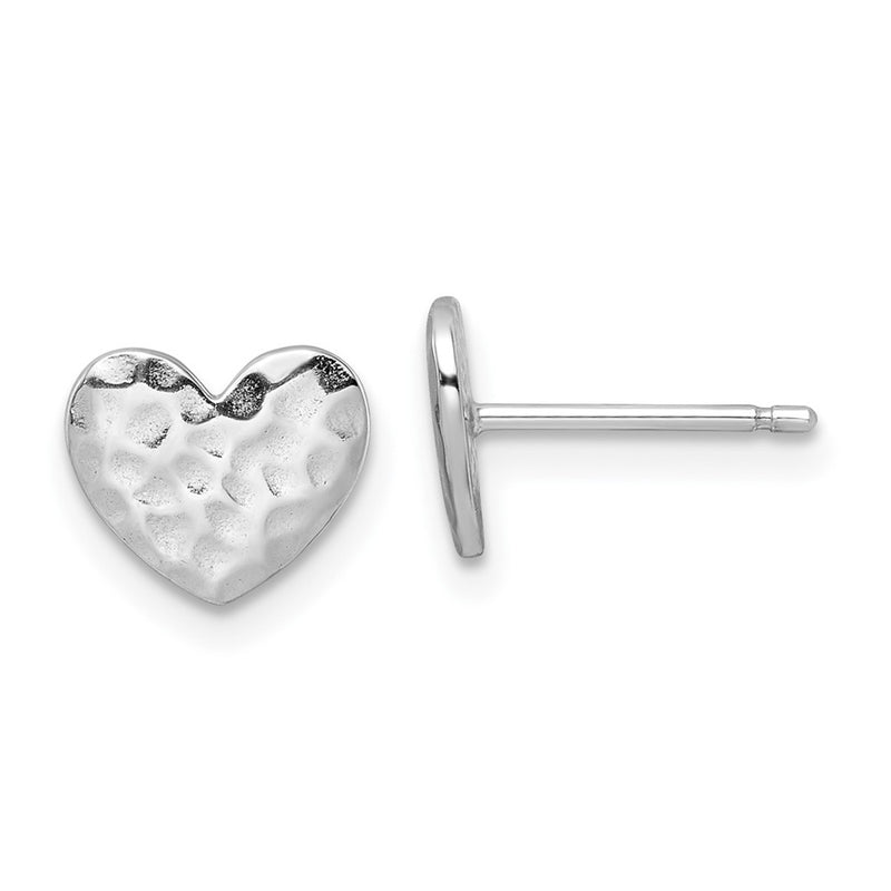 Sterling Silver Rhodium-Plated Polished Hammered Heart Post Earrings