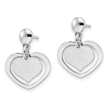 Sterling Silver Rhodium-Plated Satin Heart In Dangle Post Earrings