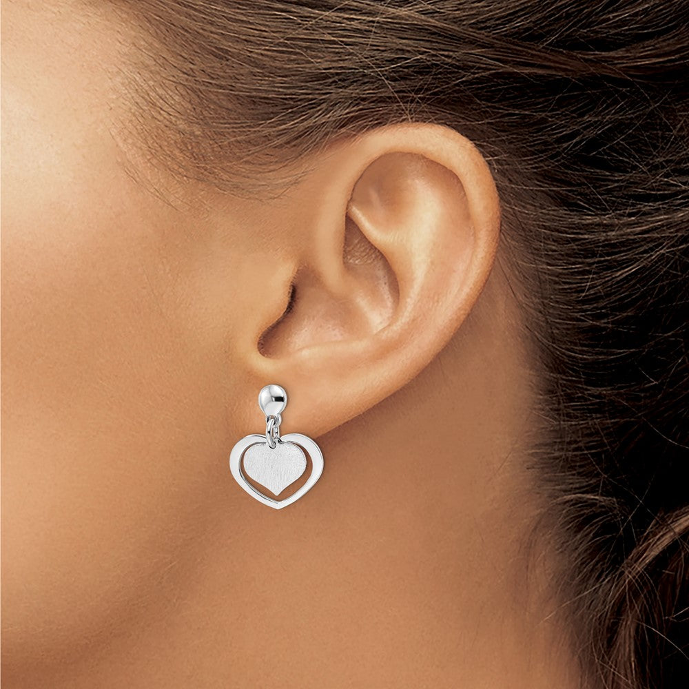 Sterling Silver Rhodium-Plated Satin Heart In Dangle Post Earrings
