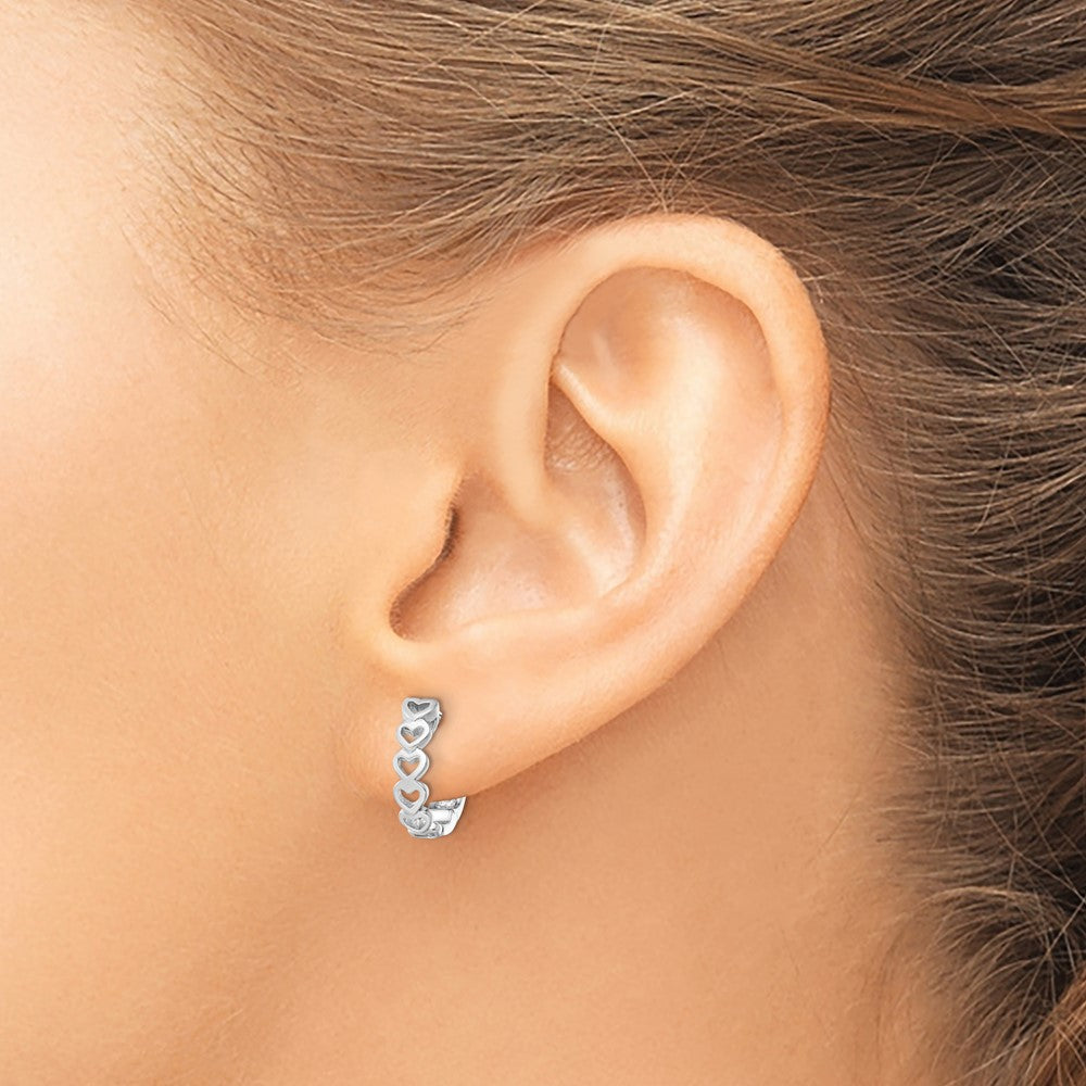 Sterling Silver Rh-Plated Brushed And Polished Finish Heart Hoop Earrings