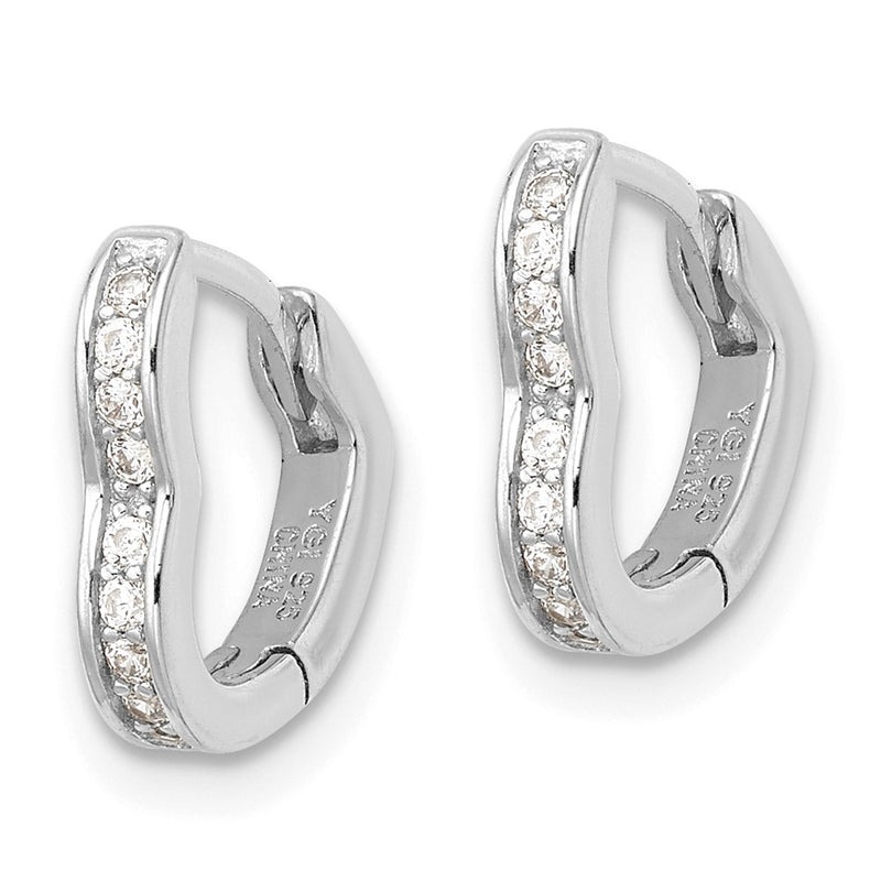 Sterling Silver Polished Rhodium-Plated Cz Heart Shaped Hoop Earrings