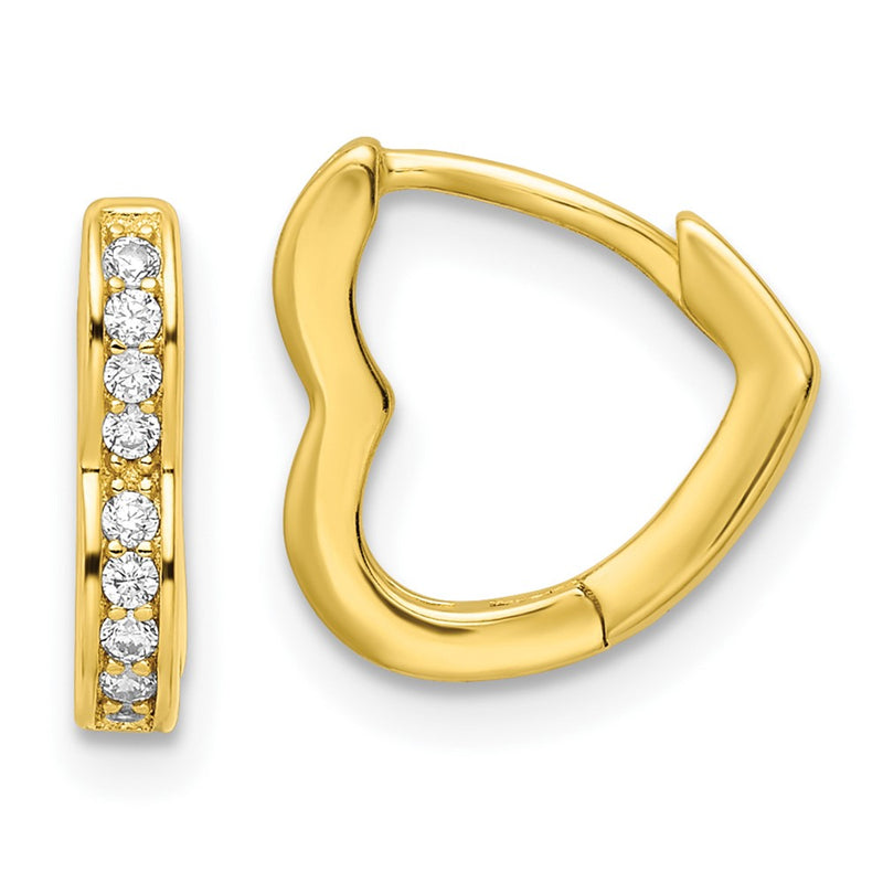 Sterling Silver Polished Gold-Tone Cz Hinged Heart Shaped Hoop Earrings