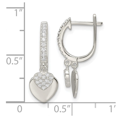 Sterling Silver Polished Cz Dangle Hearts Hinged Hoop Earrings