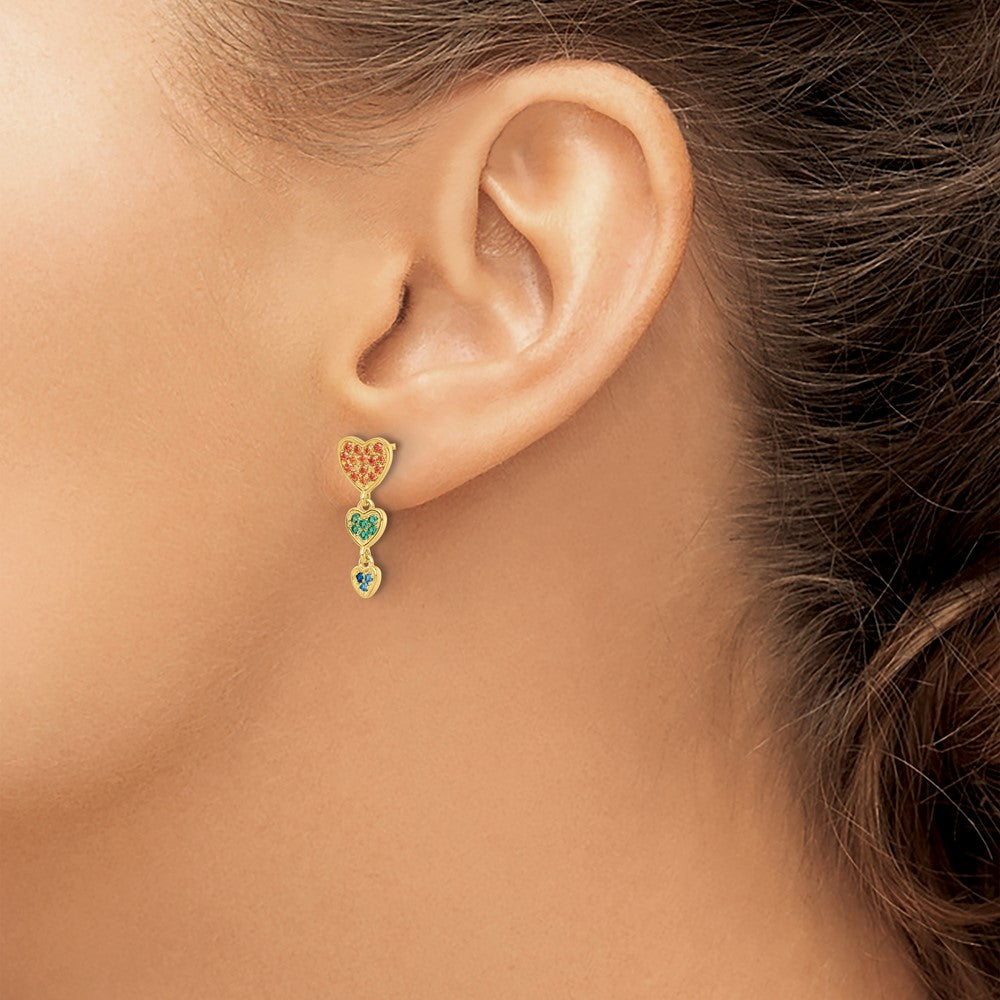 Sterling Silver Gold Tone Multicolor Cz Hearts Post Dangle Earrings