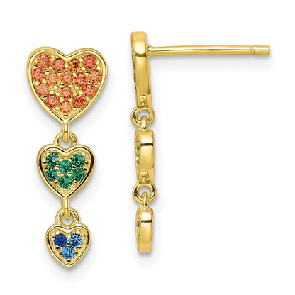 Sterling Silver Gold Tone Multicolor Cz Hearts Post Dangle Earrings