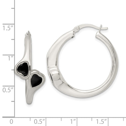 Sterling Silver Polished Black Enameled Bypass Circle Hoop Earrings