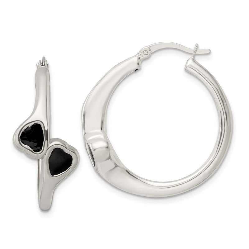 Sterling Silver Polished Black Enameled Bypass Circle Hoop Earrings