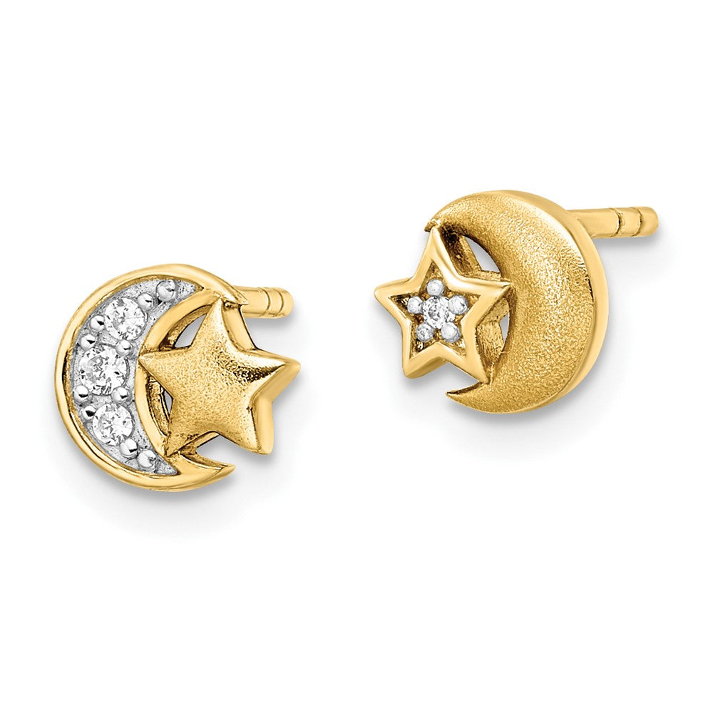 Sterling Silver Gold-Tone Cz Star And Moon Post Earrings