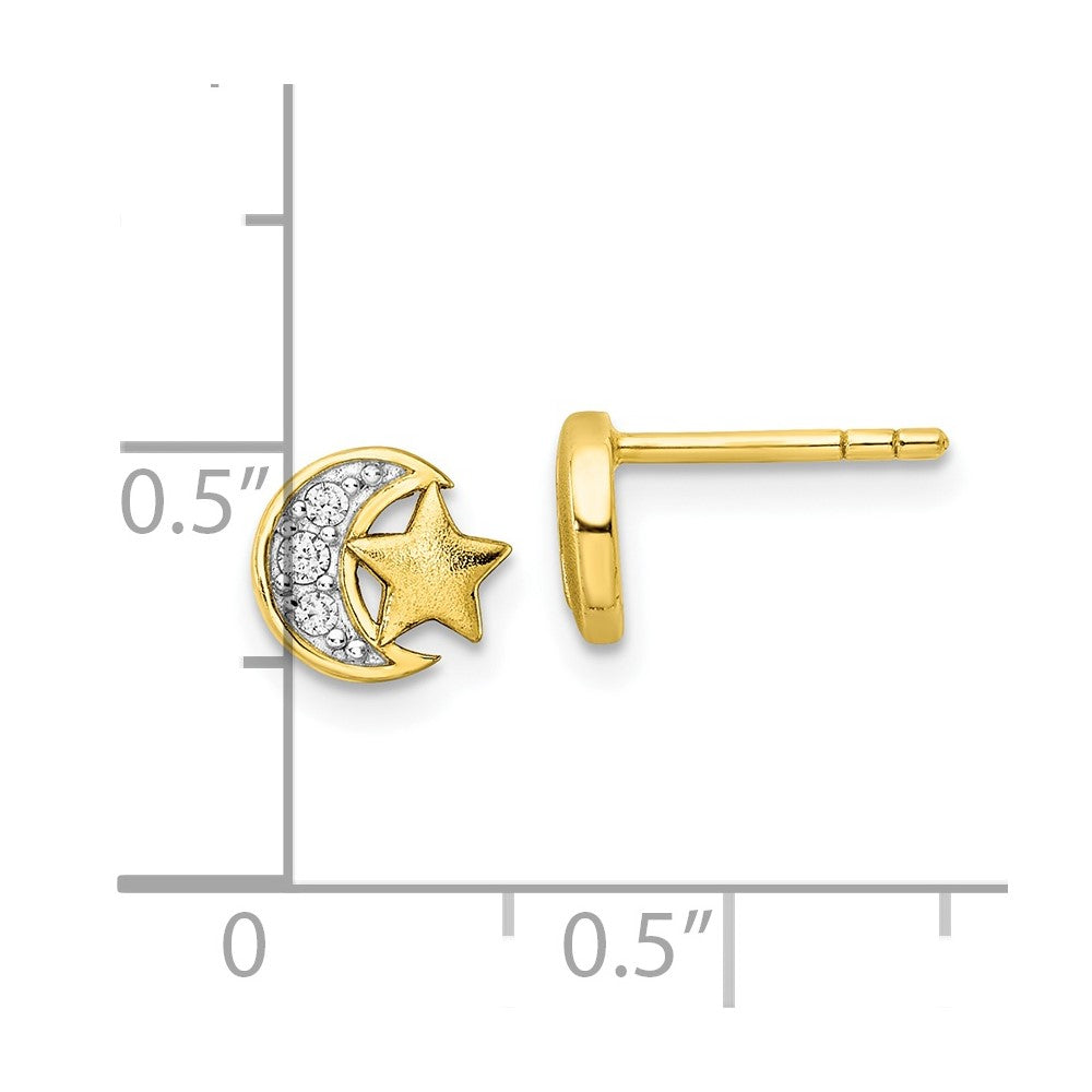 Sterling Silver Gold-Tone Cz Star And Moon Post Earrings