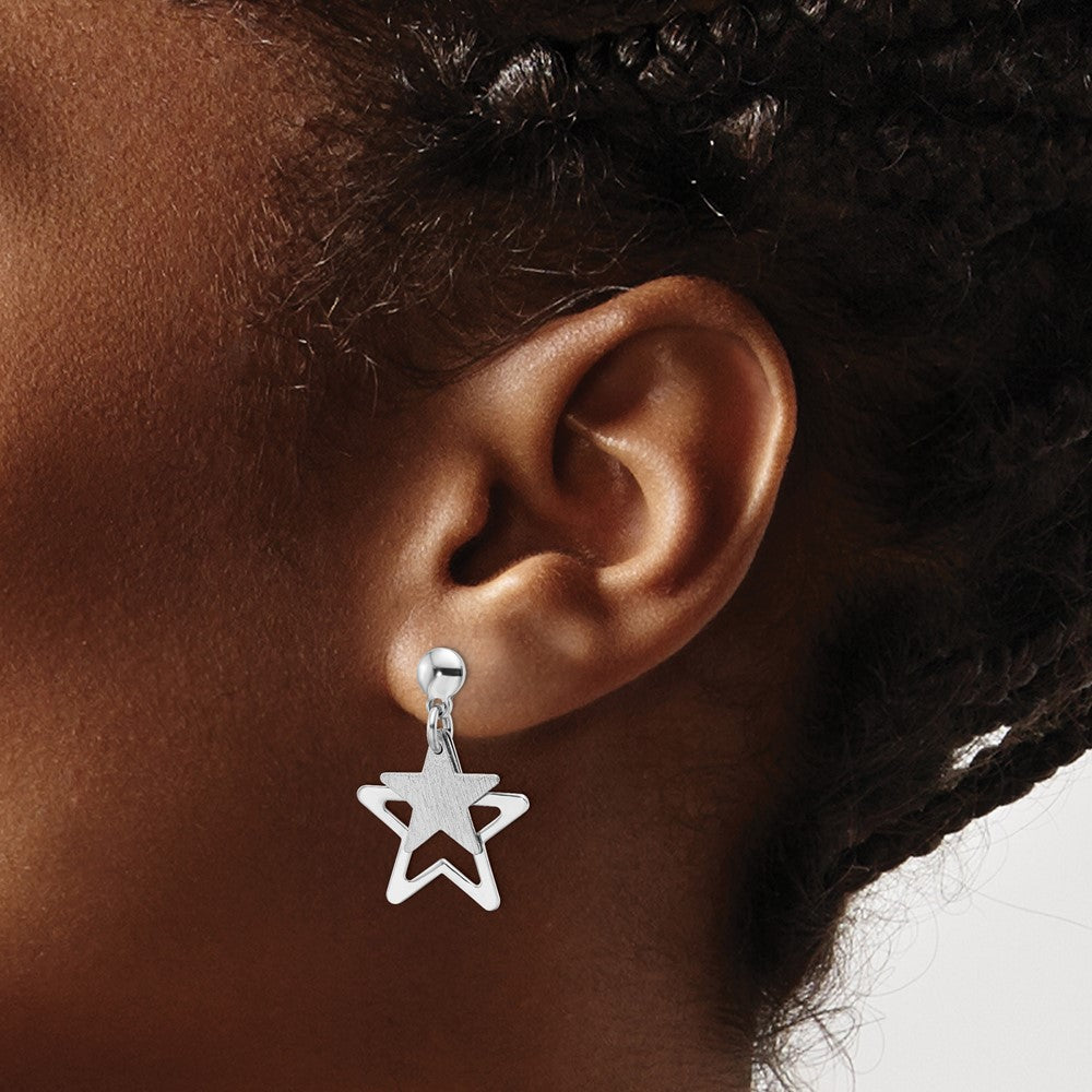 Sterling Silver Rhodium-Plated Satin Star In Dangle Post Earrings