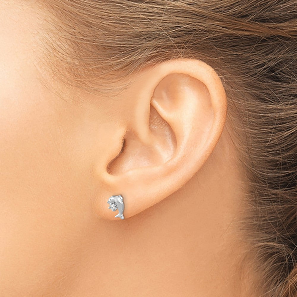 Sterling Silver Rhodium-Plated Cz Dolphin Post Earrings