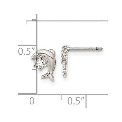 Sterling Silver Rhodium-Plated Cz Dolphin Post Earrings