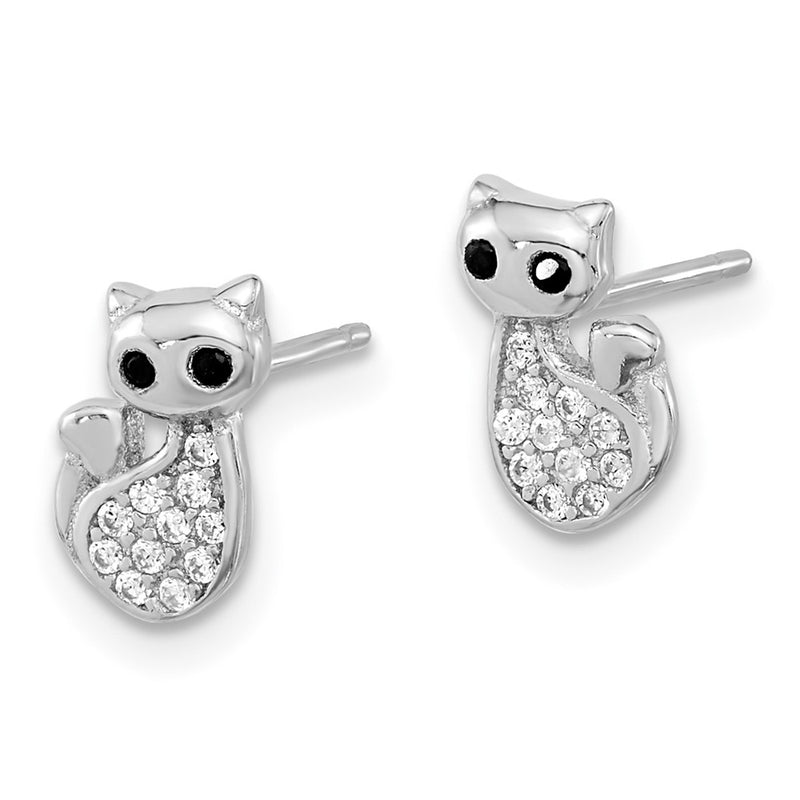 Sterling Silver Rhodium-Plated Cz Cat Post Earrings