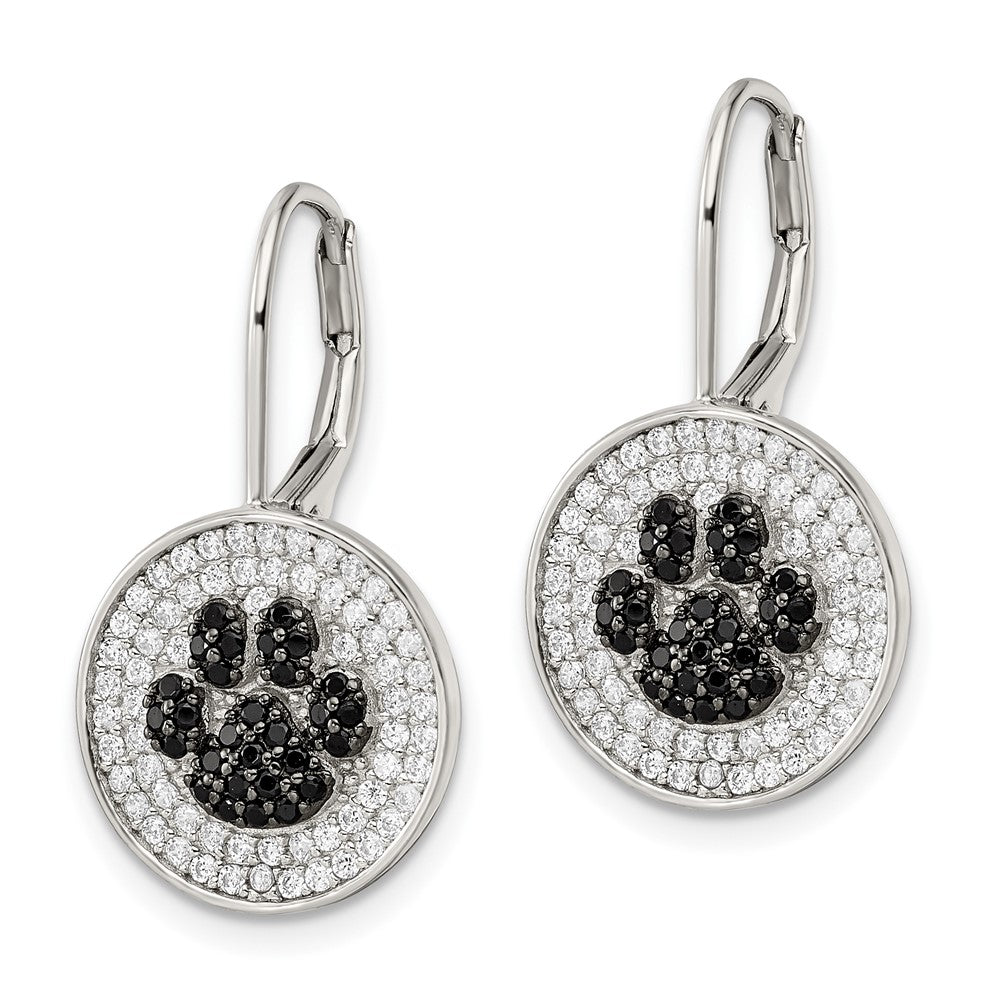 Sterling Silver Rhodium-Plated Polished Cz Paw Print Leverback Earrings