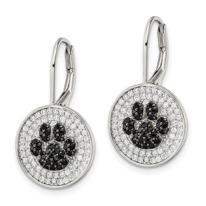 Sterling Silver Rhodium-Plated Polished Cz Paw Print Leverback Earrings
