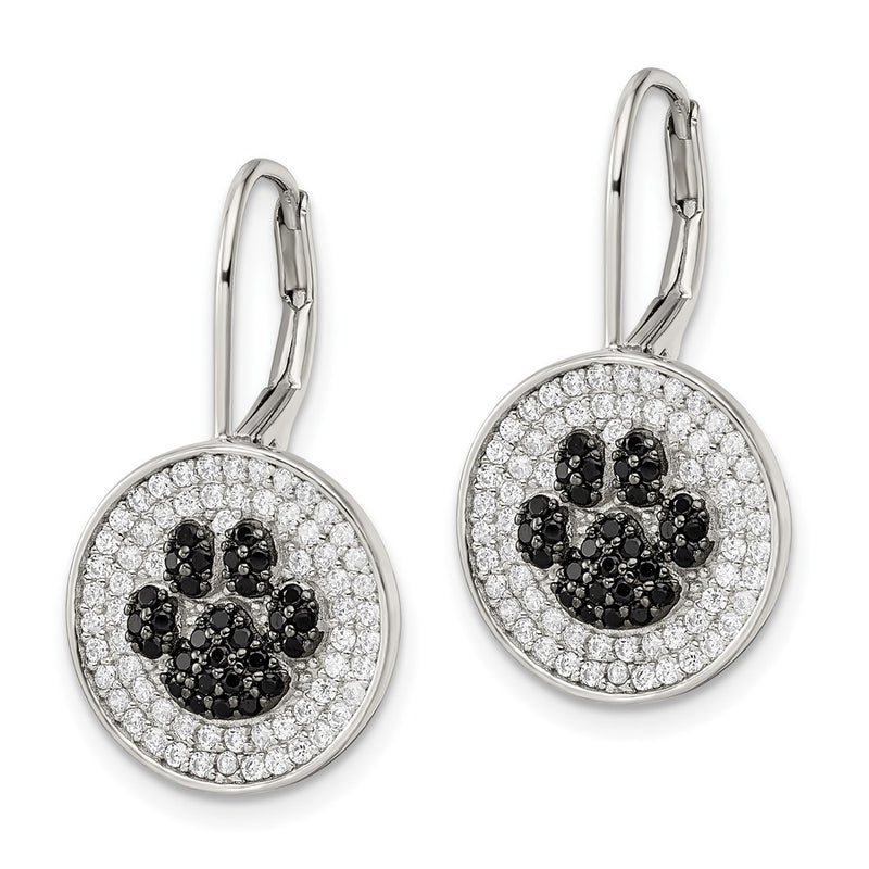 Sterling Silver Rhodium-Plated Polished Cz Paw Print Leverback Earrings