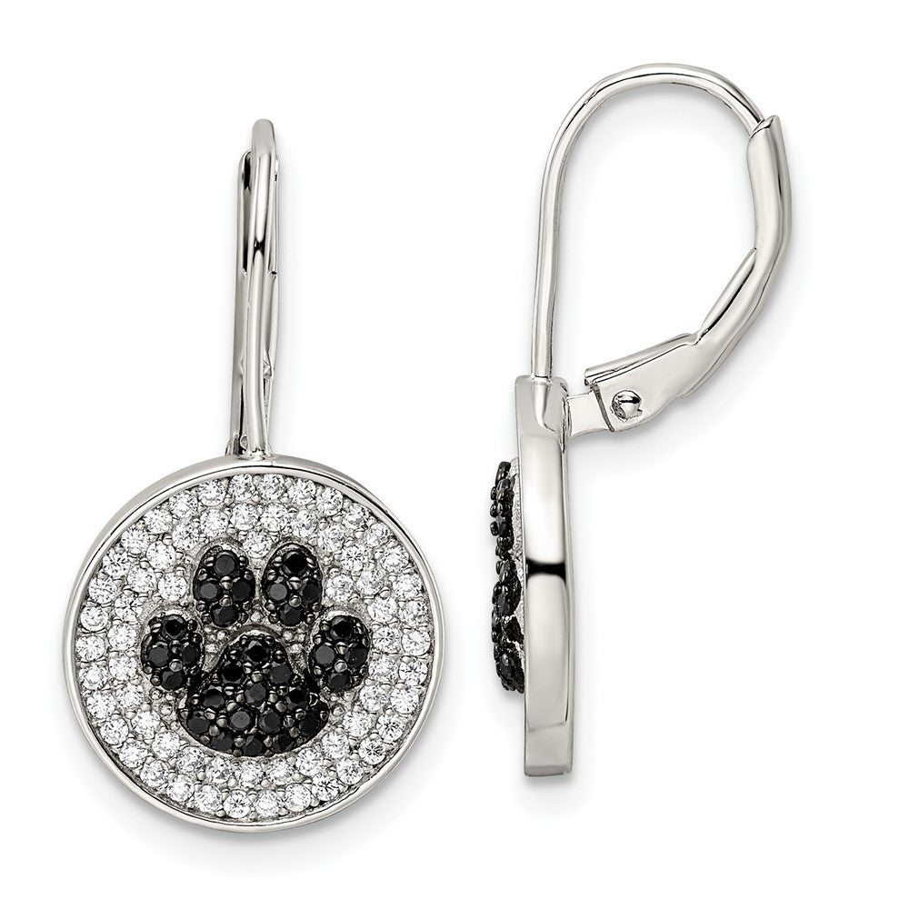 Sterling Silver Rhodium-Plated Polished Cz Paw Print Leverback Earrings