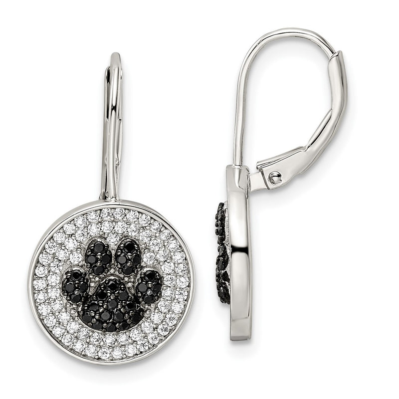 Sterling Silver Rhodium-Plated Polished Cz Paw Print Leverback Earrings