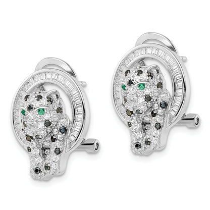 Sterling Silver Rhod-Plated Cz Circle With Cheetah Post Omega Back Earrings
