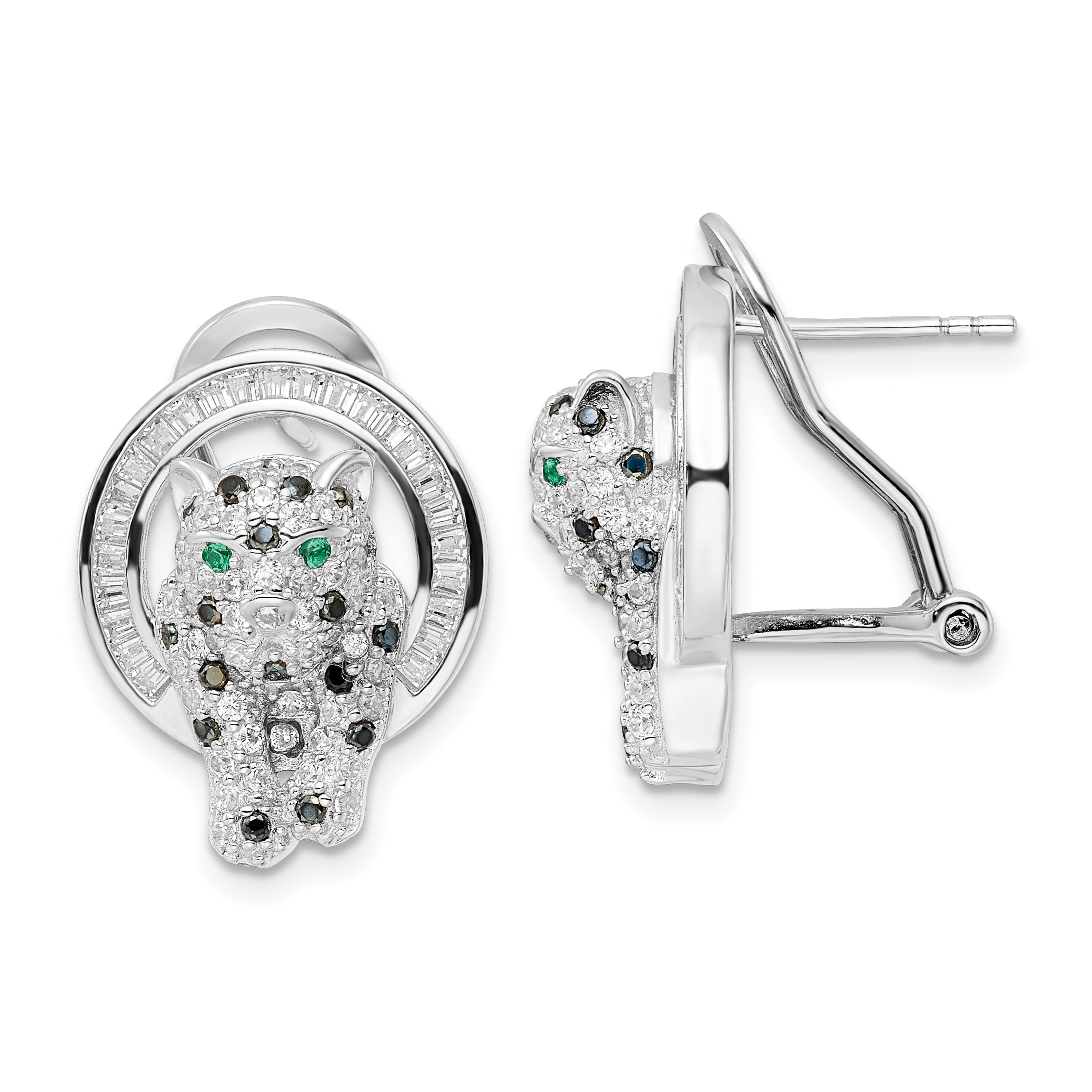 Sterling Silver Rhod-Plated Cz Circle With Cheetah Post Omega Back Earrings