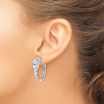 Sterling Silver Rhodium-Plated Polished Cz Cheetah Hinged Hoop Earrings