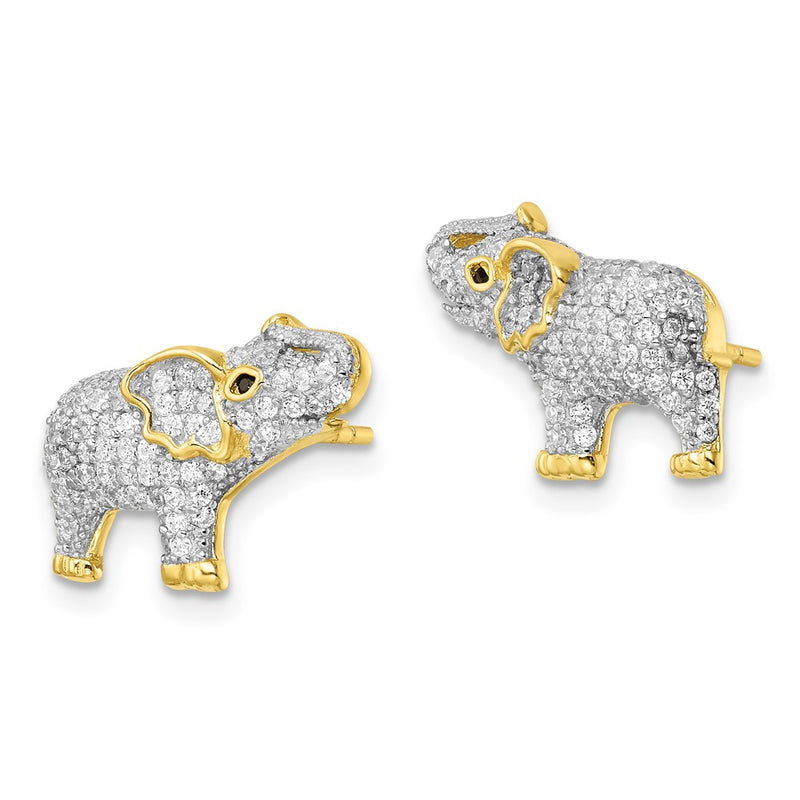 Sterling Silver Rhodium-Plated Gold Tone Cz Elephant Post Earrings