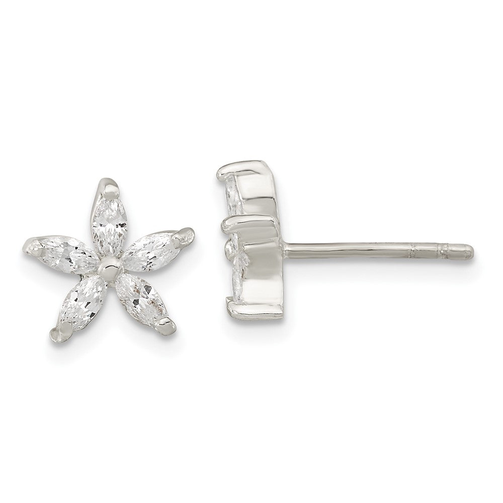 Sterling Silver Polished Cz Flower Post Earrings