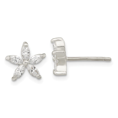Sterling Silver Polished Cz Flower Post Earrings