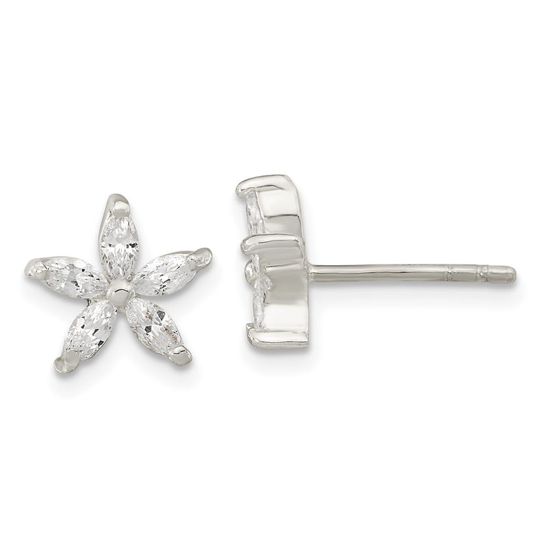 Sterling Silver Polished Cz Flower Post Earrings