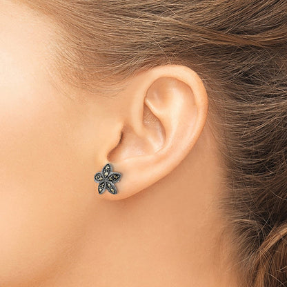 Sterling Silver Antiqued Marcasite Flower Post Earrings