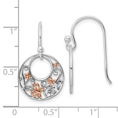 Sterling Silver Rose Rhodium Polished Flowers Dangle Earrings