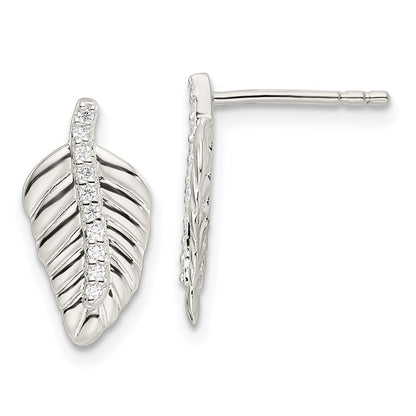 Sterling Silver Cz Leaf Post Earrings